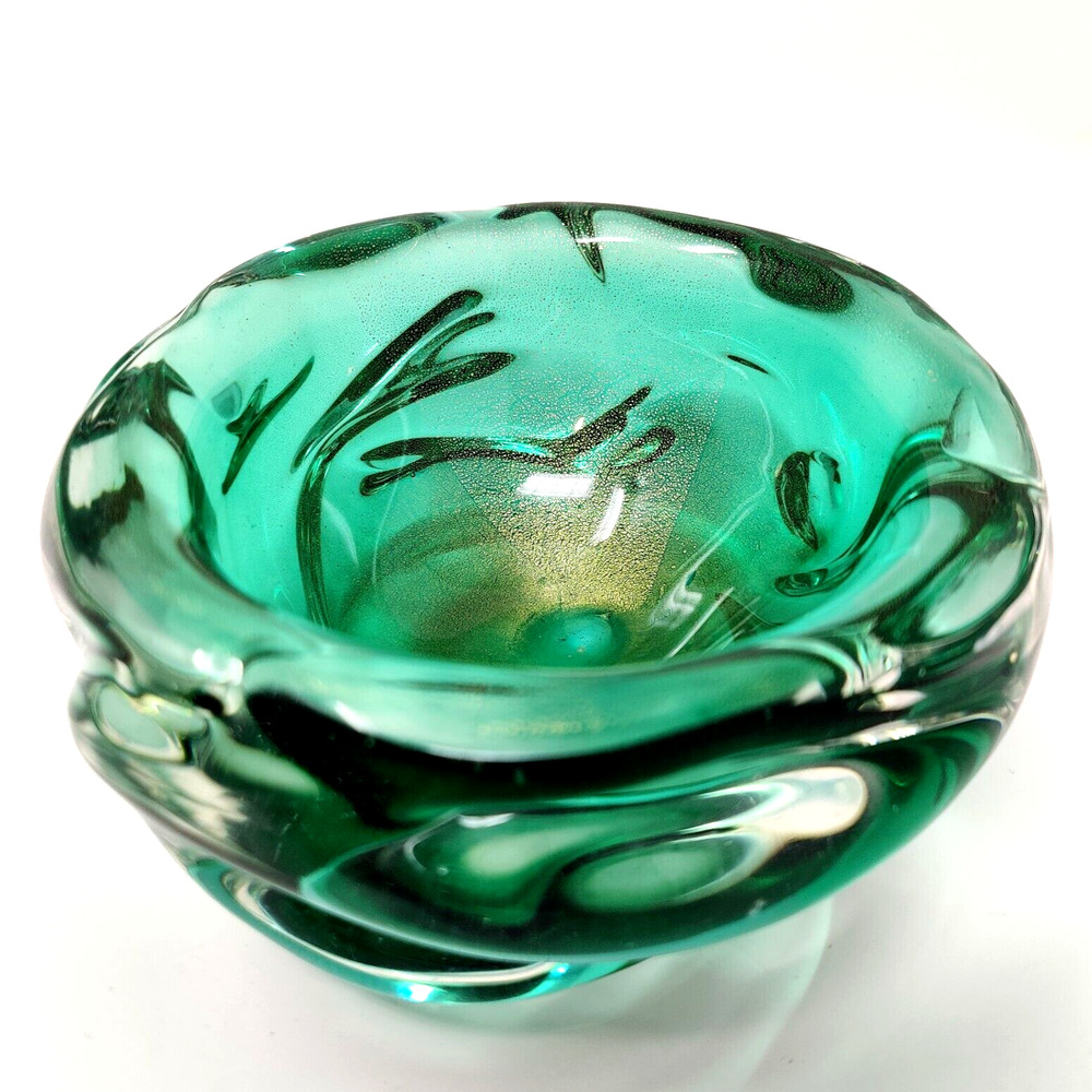 Archimede Seguso Murano Art Glass Bowl Dish Green Gold Italian Jelly Mould MCM